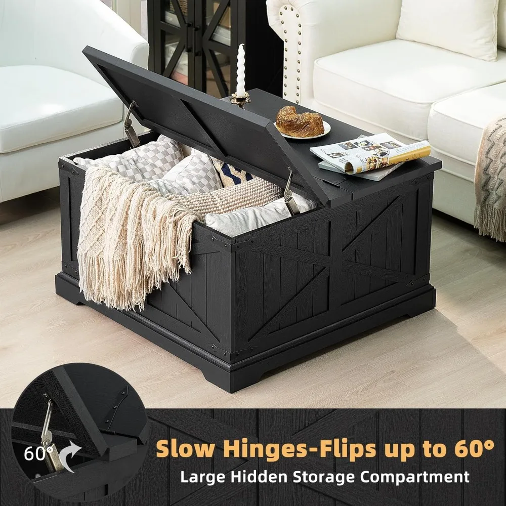 Черный журнальный столик в деревенском стиле с большим скрытым хранилищем, современная квадратная деревянная центральная часть для гостиной