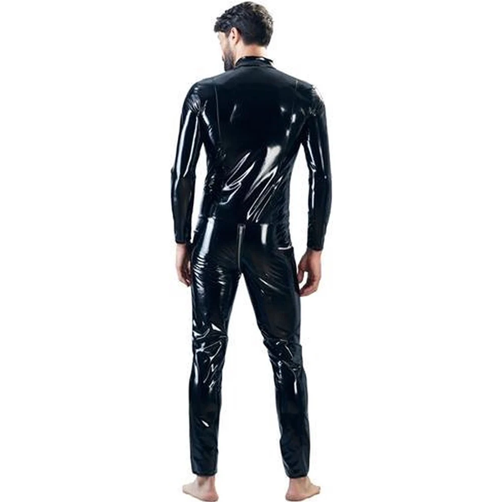 Men\'s Shiny Lacquer Faux Leather Catsuit Wetlook Black Leather Men\'s Zentai Suit Tight Over Croth Zipper Jumpsuit Clubwear