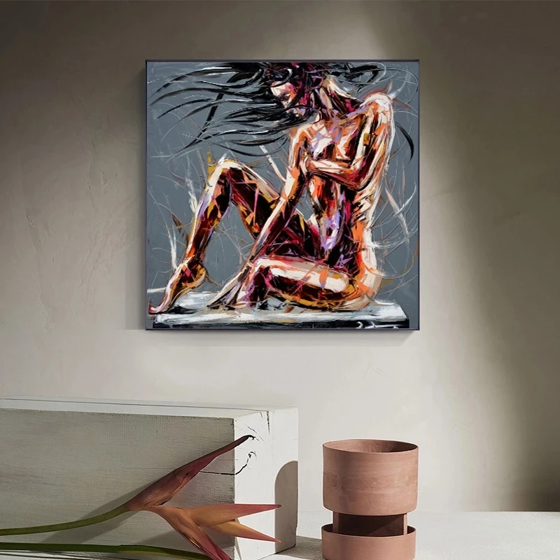 100% Hand-painted Dynamic Lady Sketch Room Decor Palette Knife Oil Paintings on Canvas Graffiti Nude Character Sofa Wall Decor