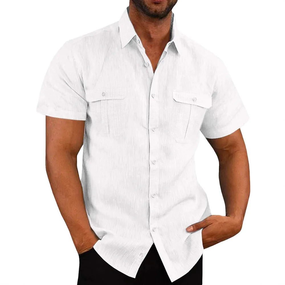 

2025 Men's Linen Cotton Short Sleeve Shirt Double Pocket Casual Vacation Top Retro Collar Loose Fit Breathable Summer Shirt
