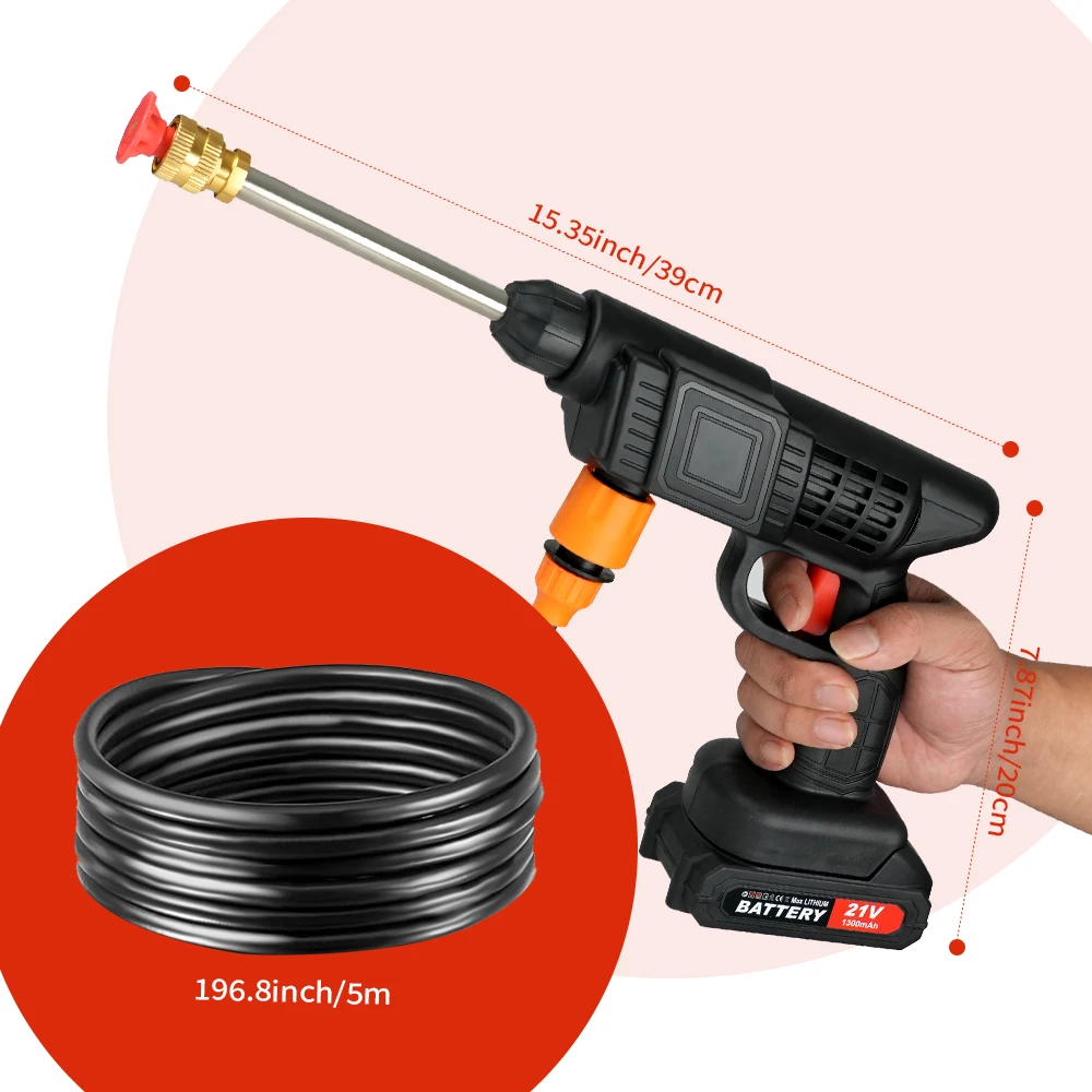 21V Cordless High Pressure Washer 5M Hose Portable Electric Cleaner for Car Garden BBQ Grill Rock Hounding Outdoor Cleaning