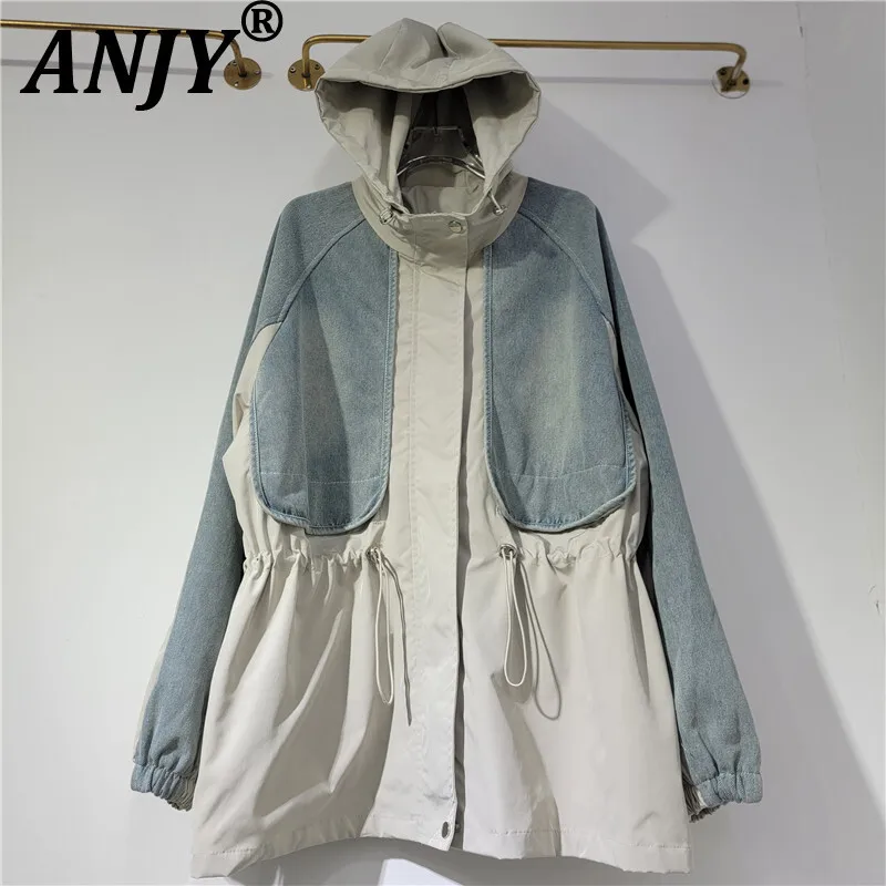 

ANJY Autumn New Women Jacket Hooded Patchwork Denim Contrast Color Waist Cinching Long Sleeved Casual Trendy Outdoor Coat A10357