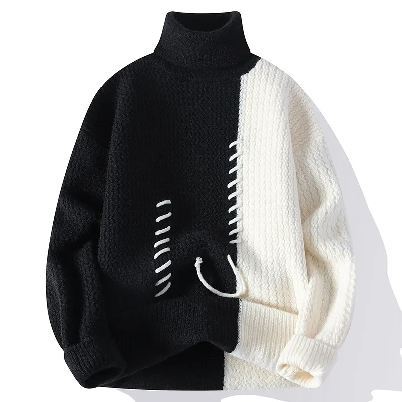 Autumn Winter Men\'s Knitted Turtleneck Sweater Fashion Patchwork Casual Knit Pullovers Men Loose Warm Pull Sweaters Streetwear