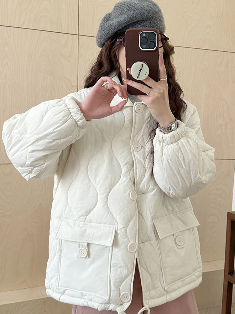 Zoki Korean Women Sweet Parkas Winter Thick Warm Jackets Vintage Long Sleeve Pockets Female Simple Design Elegant Puffy Coats