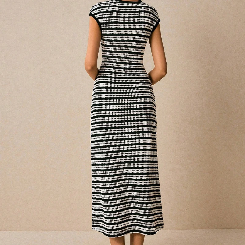Casual Striped O Neck Long Dress Summer Street Style Short Sleeve Straight Dresses Women 2026 Home Slim Knit Mid Calf Dress