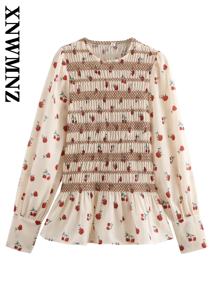 

XNWMNZ 2025 Spring New Female Casual Chiffon Blouse Blouses Japanese Autumn Lady O-Collar Long Sleeve Top Shirt Pullover Floral