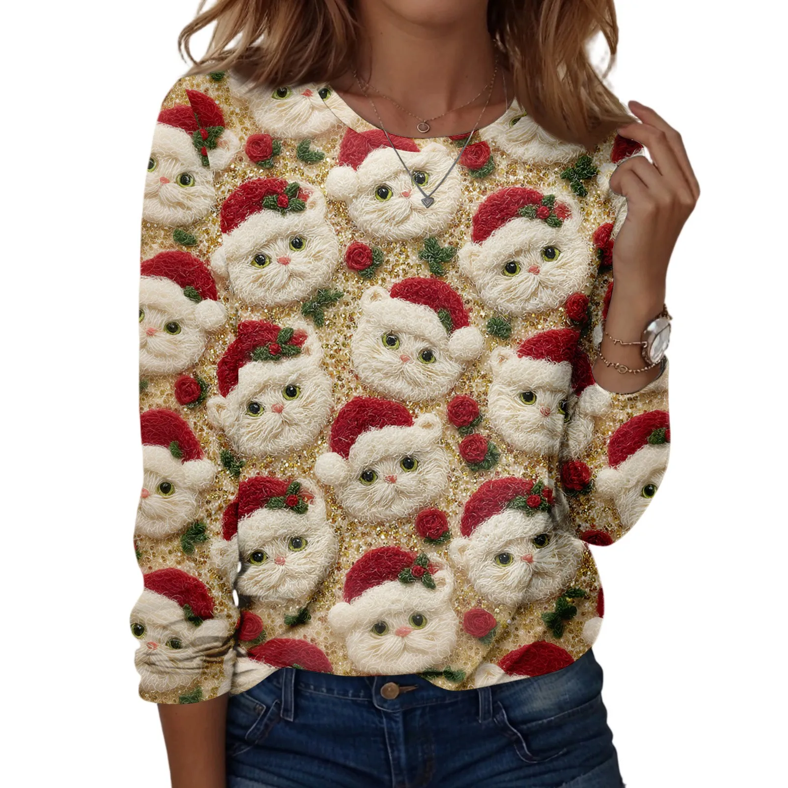 Pullover natalizio da donna alla moda, casual, a maniche lunghe, con stampa di albero di Natale, comodo girocollo