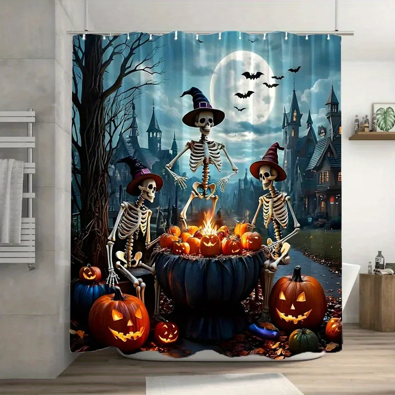 Spooky Halloween Skeleton Shower Curtain Gothic Fall Decor Haunted Pumpkin Bath Liners Bathroom Accessories Autumn Season Wall
