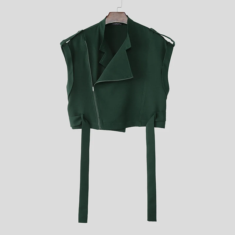 INCERUN мужские комплекты однотонные укороченные жилеты без рукавов на молнии и брюки комплекты из двух предметов свободная уличная одежда модные мужские повседневные костюмы