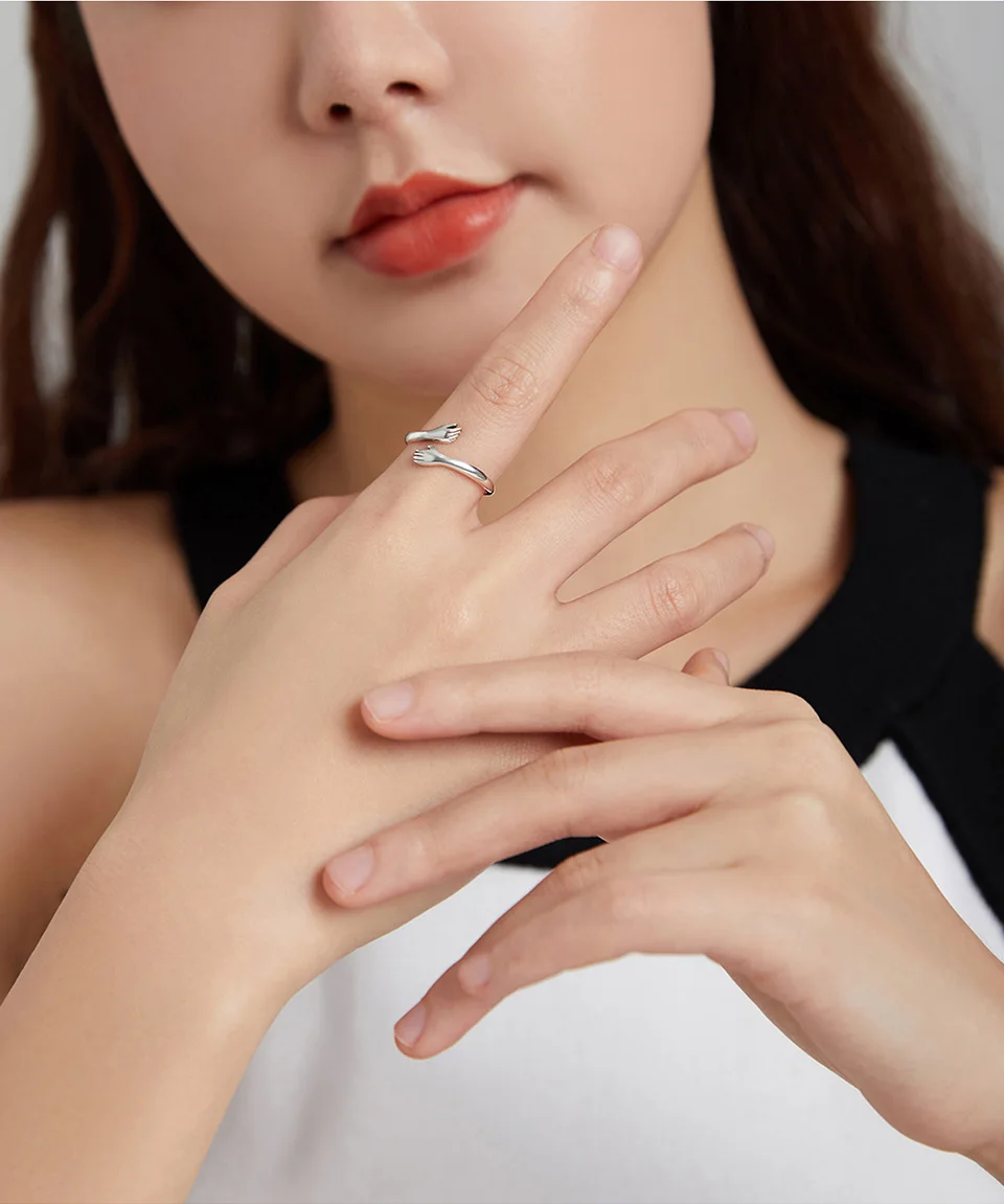BAMOER 925 Sterling Silver Hug Open Ring Warm Love Hand Adjustable Glossy Ring for Women, His Big Loving Family Party Gift