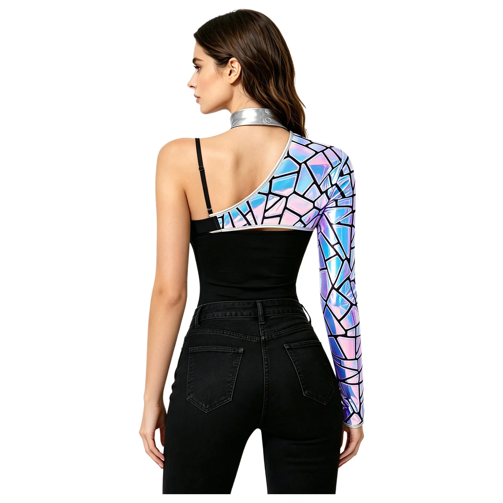 Womens One Shoulder Crop Top Astronaut Space Aliens Costume Halloween Cosplay Nightclub for Burlesque Cabaret Stage Show Costume