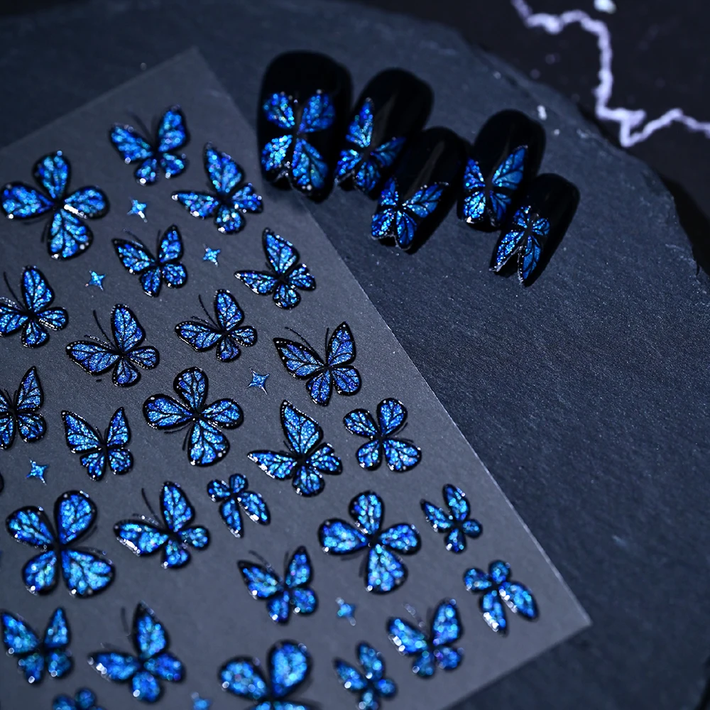 1 Stück 5D Traumhafte Laser-Glitzer-Schmetterling-Nagelaufkleber Glänzende Holographische Blaue Schmetterling-Nagelsticker Selbstklebende Maniküre-Zubehör – Detail 13