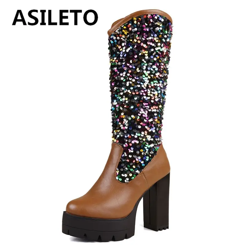 

ASILETO 2024 Новый дизайн женские сапоги до колена круглый носок на массивном каблуке 11,5 см платформа Блестящий смешанный большой размер 46 47 48 модный Bota