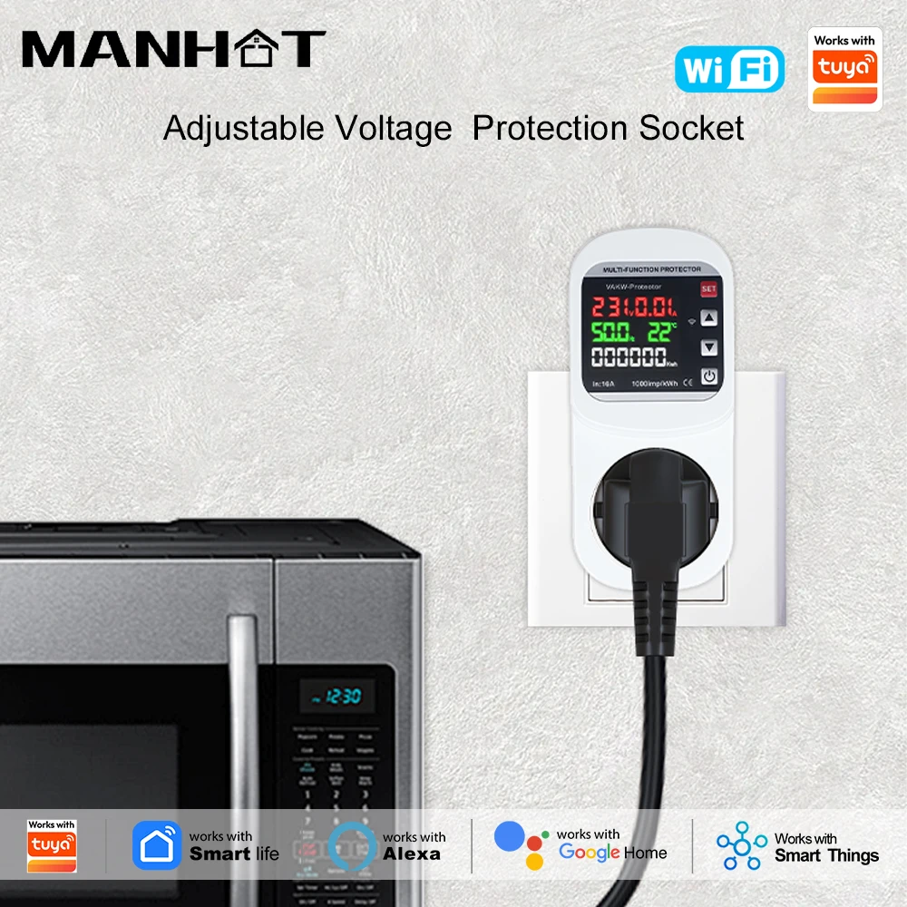 Manhot WIFI Automatic Voltage Current Protector EU Socket Multi Metering Timing Voice Control Work With Tuya Google Home Alexa