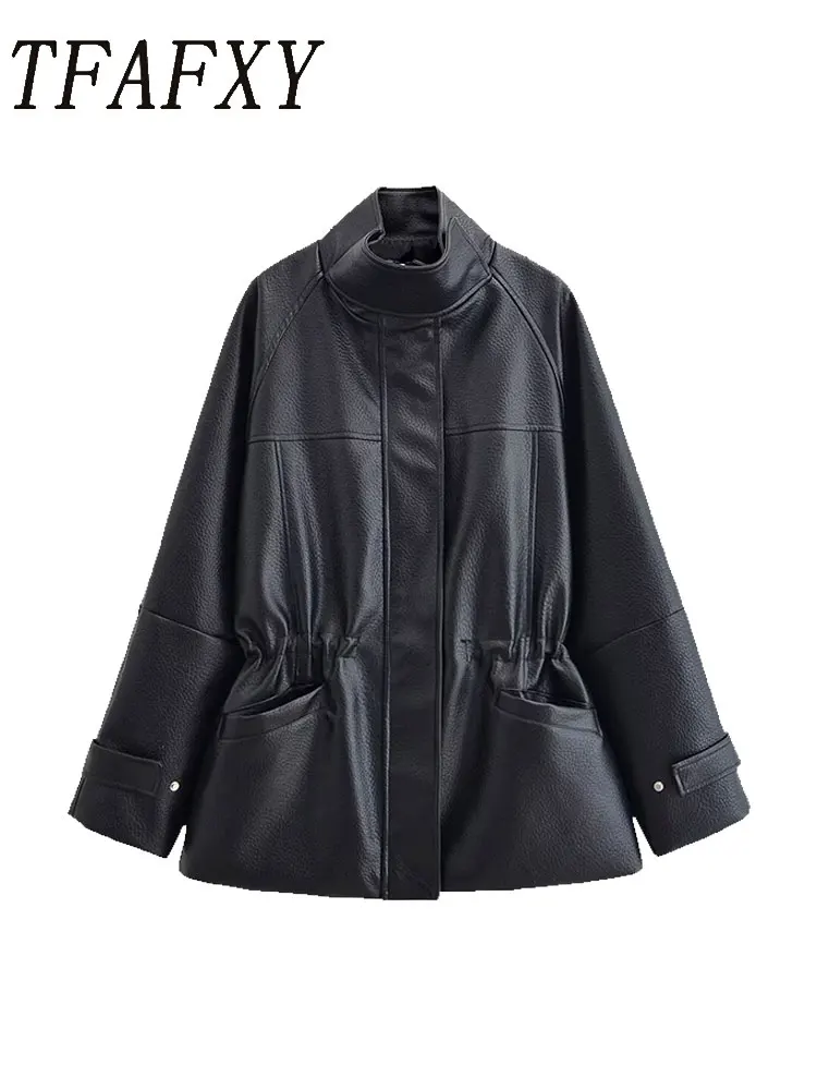 TFAFXY 여성 가죽 재킷 블랙 긴 소매 지퍼 포켓 스탠드 칼라 여성 코트 2026 봄 가을 신상 아우터 Y2K
