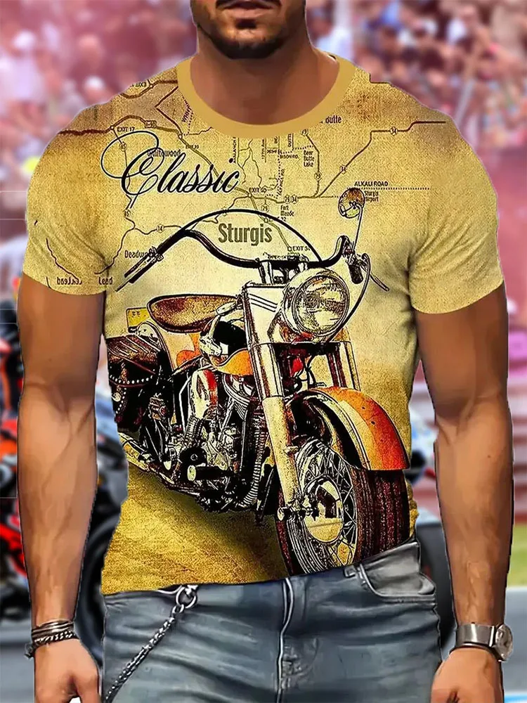 

Men's Summer Short Sleeve T-Shirt with Heavy Metal Biker 3D Relief Print, 100% Polyester, Motorcycle-Themed Trendy Apparel