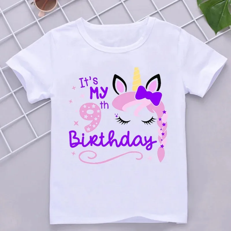 Kawaii Unicorn Face Eyelashes Number Tshirt It\'s My 3-9th Birthday T Shirt Kids Clothes Girl T-Shirt Short Sleeve T-Shirts