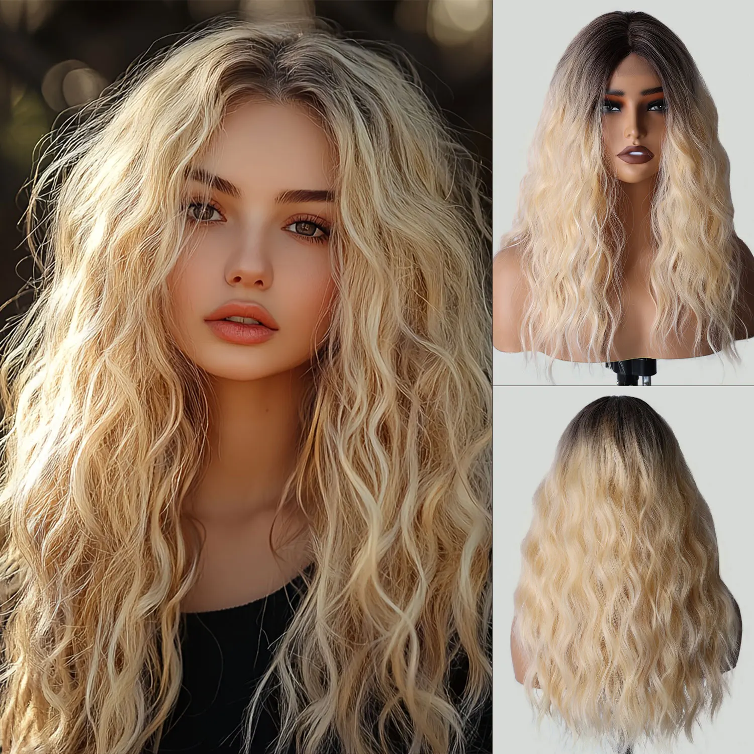 22inch-Long Black Gradient Gold Finish Wig Heat-Resistant Synthetic Wavy Hair for Cosplay And Party