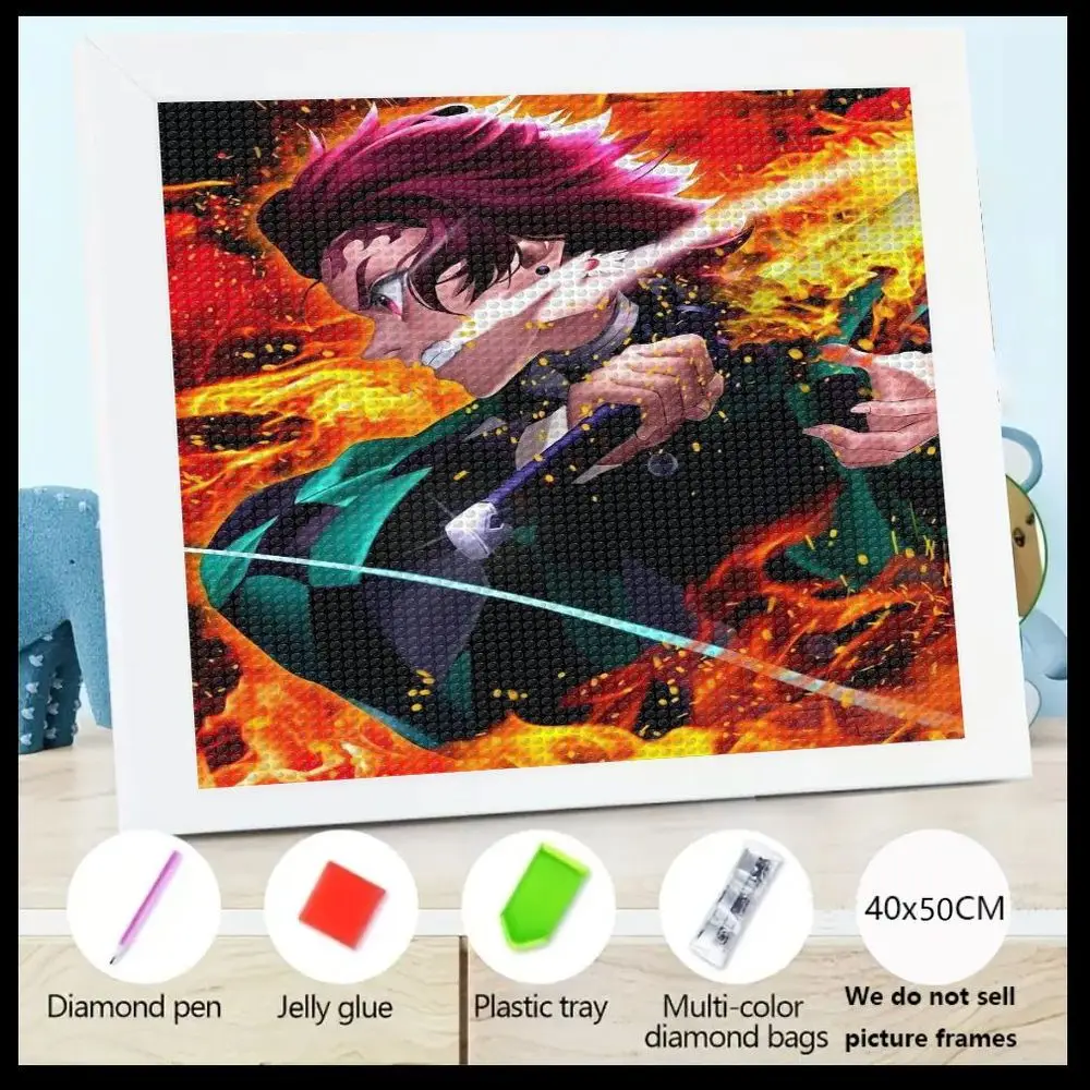 

5D DIY комплект алмазной живописи аниме «Убийца демонов» с колючими красными волосами, зеленым и черным нарядом, мечом и огненным пламенем 40x50 см
