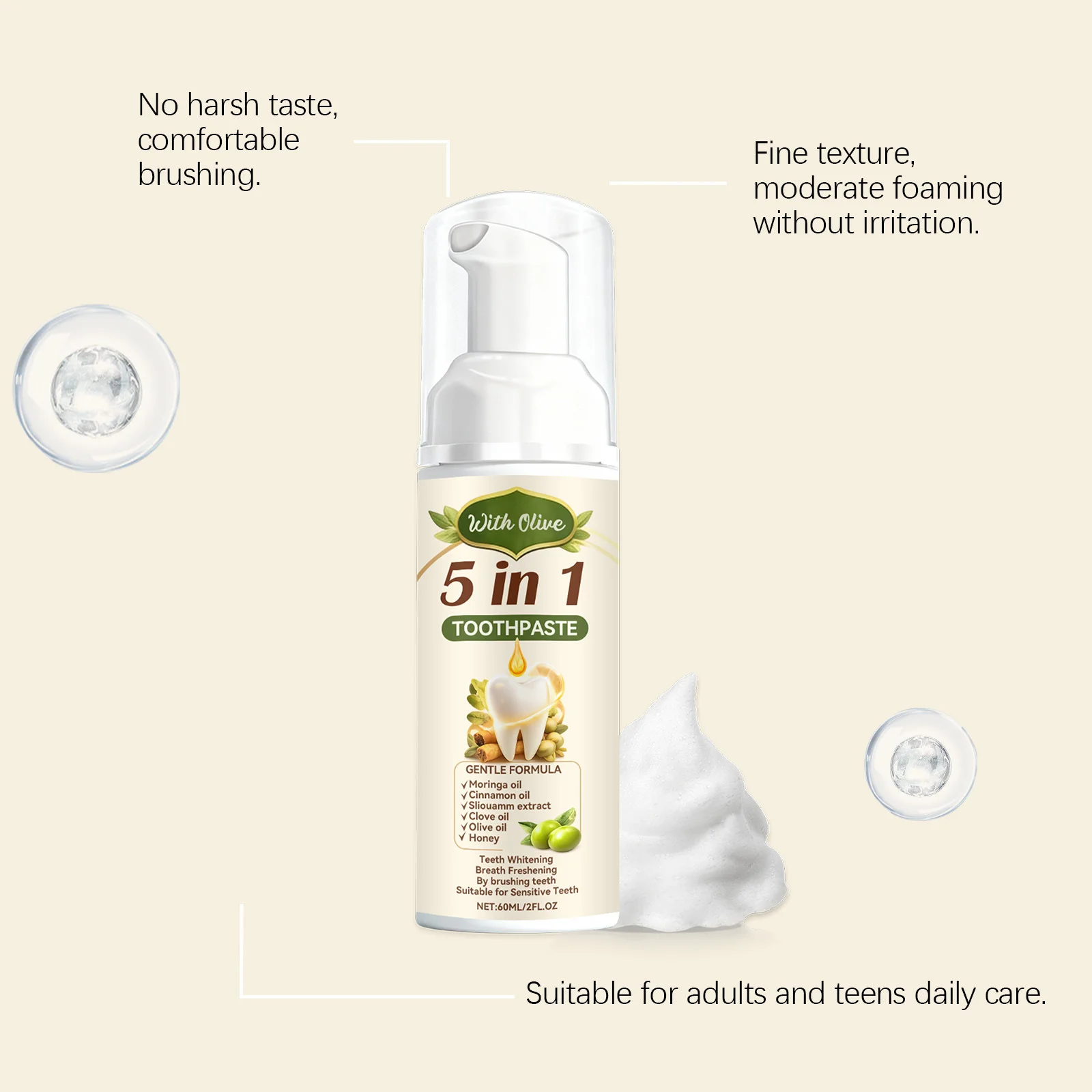 5 in 1 Toothpaste Mousse Teeth Whitening Gentle Cleansing Tooth Stains Fresh Breath Olive Extract Brightening Toothpaste Mousse