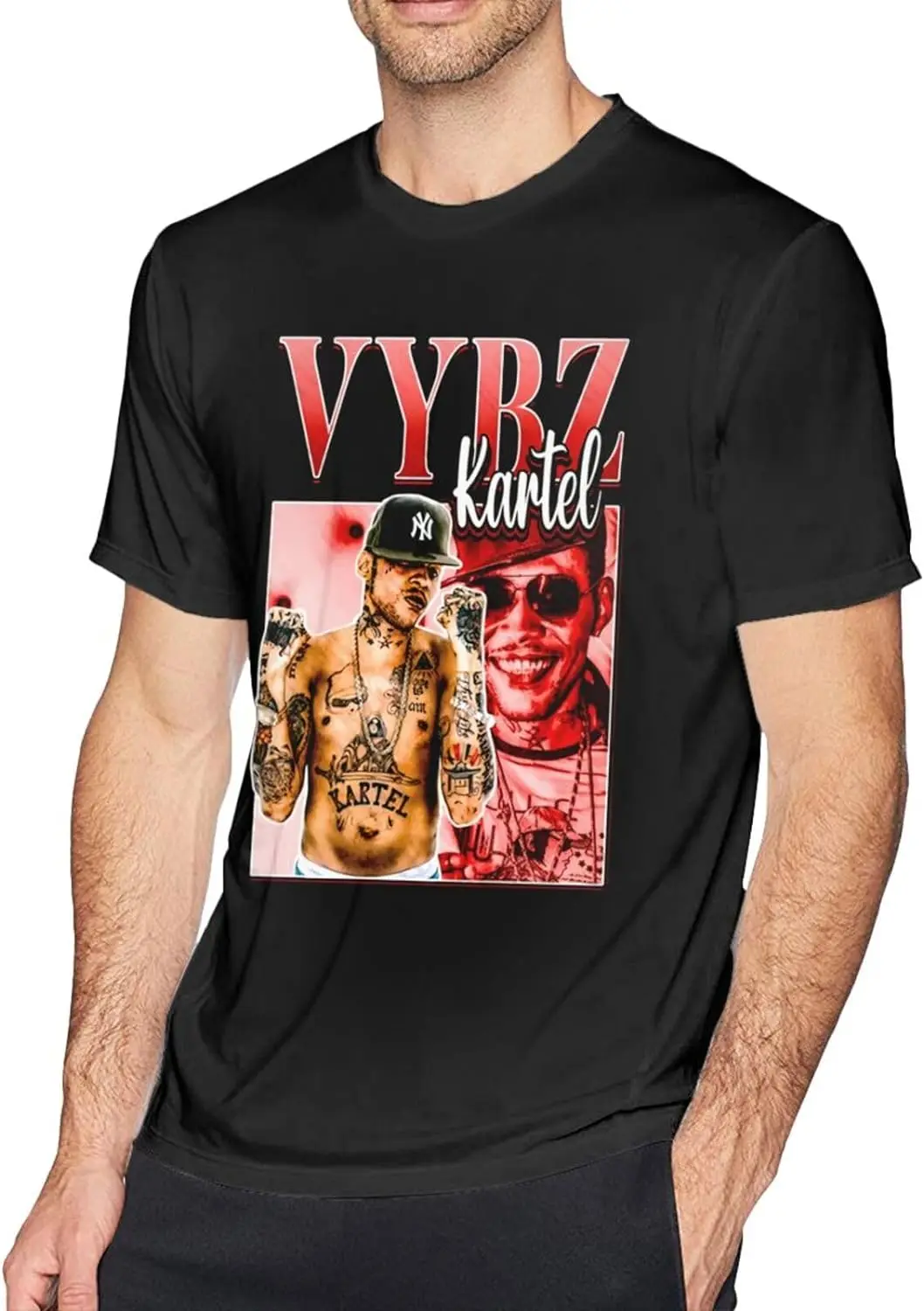 Vybz Kartel Men\'s T-Shirt Cotton Crew Neck Short Sleeve Tshirt Hip Hop Shirt Casual Tee Black