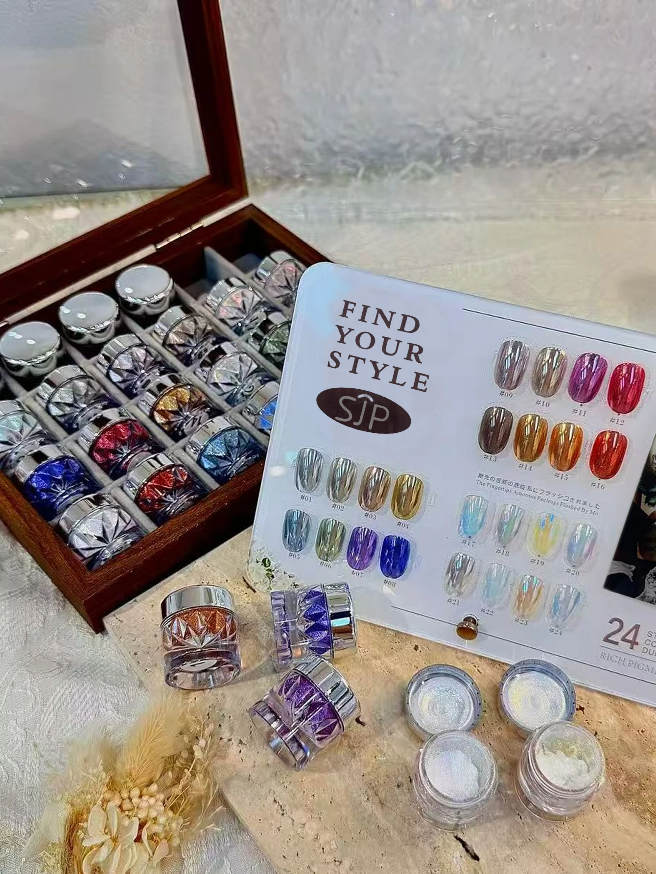 مجموعة مرآة فنية للأظافر عالية اللمعان باللون الوردي على شكل ضوء القمر 1/24 لونًا مع بطاقات ملونة وصندوق تخزين. DIY مسمار الفن، فن الأظافر الفني Charmi #2