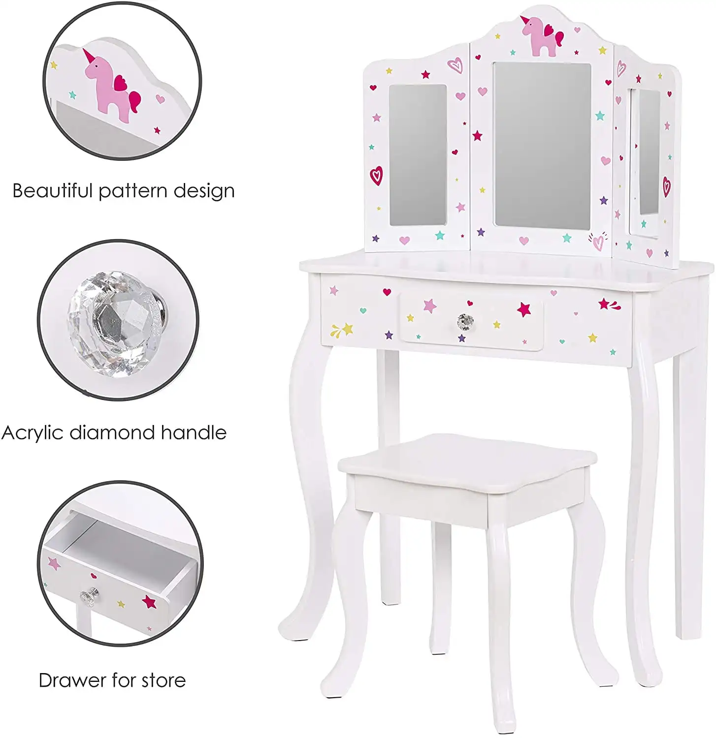 Pretend Play Kids Vanity Table and Chair Vanity Set with Mirror Makeup Dressing Table with Drawer，Play Vanity Set,White