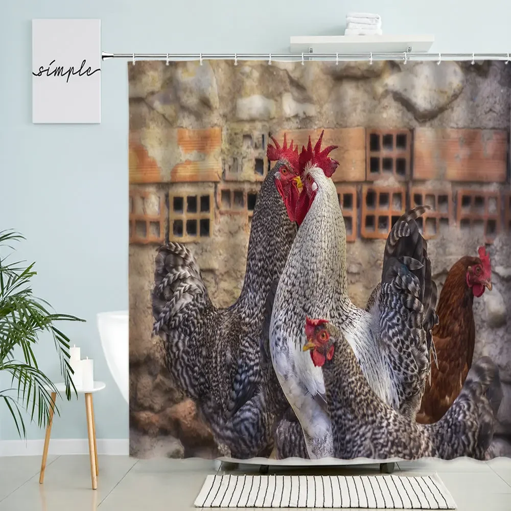 Chicken Shower Curtain Feather Poultry Animals Country Retro Old Farmhouse Barn Bathroom Wall Decor With Hooks Waterproof Screen