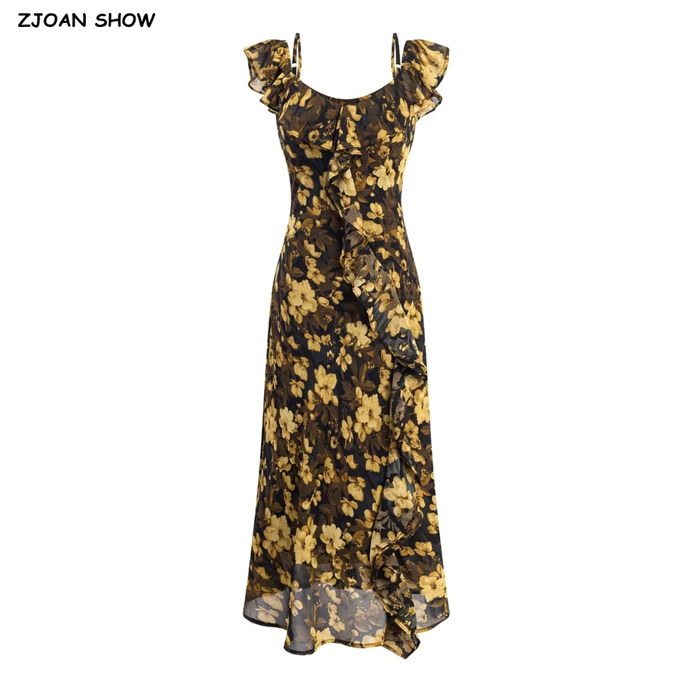 

Винтажное платье-майка во французском стиле с оранжевым принтом и бантом, v-образным вырезом и оборками на бретельках, женское мини-платье без рукавов с тонкой талией, Vestidos