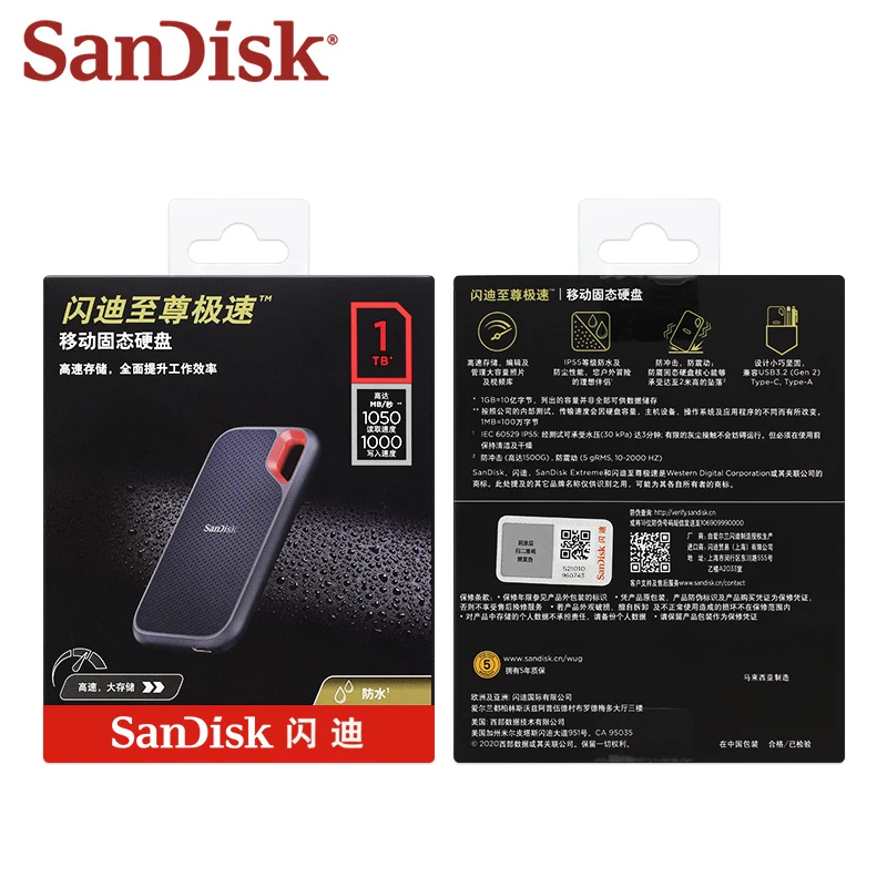 SanDisk SSD E61 Nvme Extreme USB3.2, Solid State Drive portabel 500GB 1TB 2TB 4TB kecepatan tinggi 1050 MB/S IP65 PSSD untuk PC