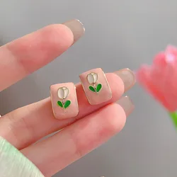 Pink White Arc C Shape Drop Earrings for Women Enamel Oil Tulip Pattern Flower Dangle Earrings Trendy Geometry Statement Jewelry