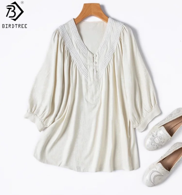 

Birdtree Summer 30MM 100% Mulberry Silk White Shirt,Women V-neck Jacquard Long Sleeve Loose Blouse Tops,2025 New T57332JF