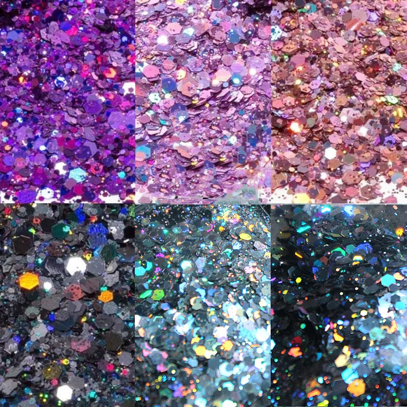 1Bag(Net-50g) Holographic Laser Glitter Nail Flake Sequins Chunky Loose Glitter Mix Powder Hexagon Glitter for Body Face Nails