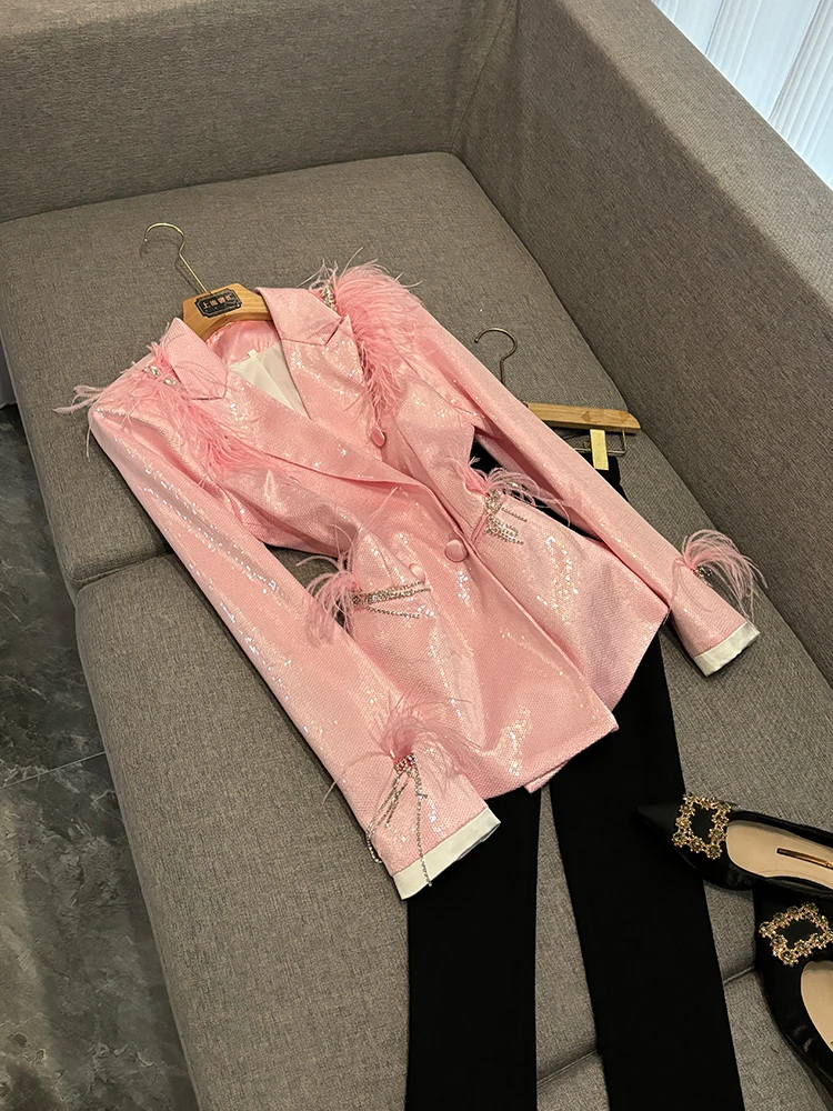 

Розовые женские джинсы с блестками для выступлений на сцене Jaet Club Night Outfits Long Sve Commute Sle Slim Fit Faion 2033