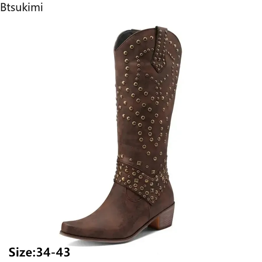 New 2024 Women\'s Fashion Knee High Boots Rivets Design Low Heel Western Cowboy Boots Female Slip on Retro Ladies Shoes Plus Size