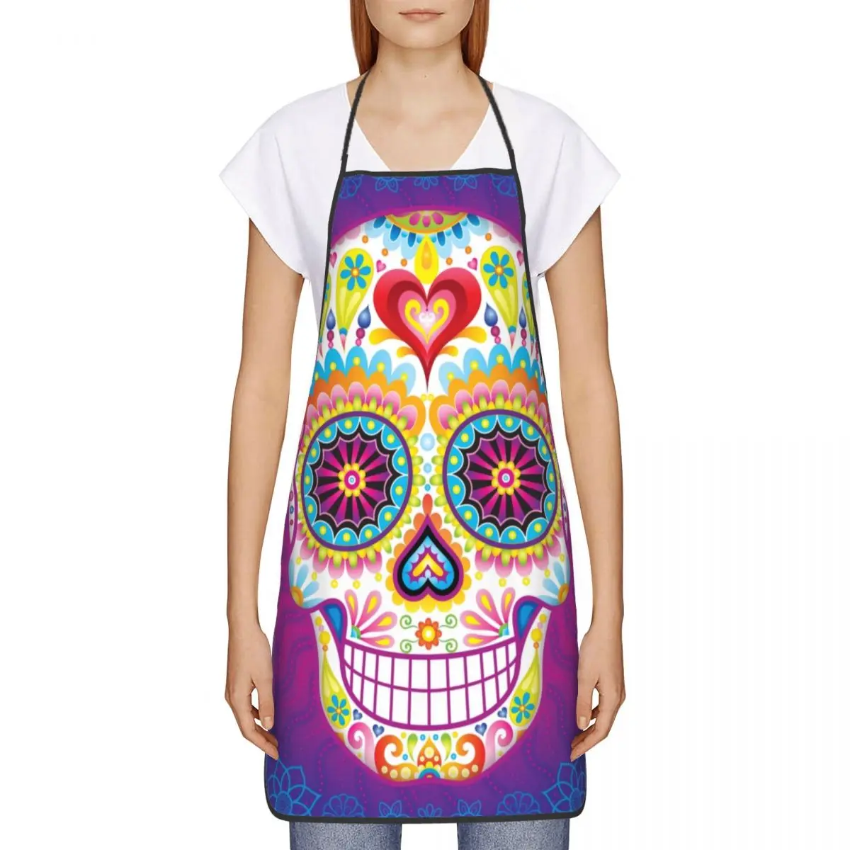 Custom Halloween Psychedelic Sugar Skull Bib Apron Chef Tablier Cuisine for Cooking  Horror Mexican Day Of The Dead Painting