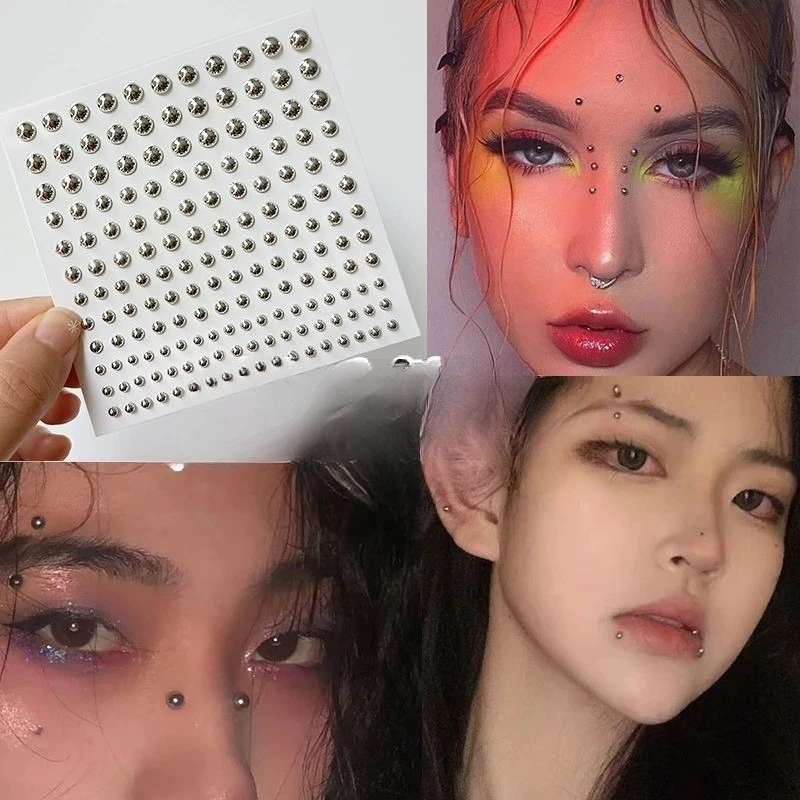 Fake Eyebrow Lip Piercing Stickers Silver Beads Rhinestones Self Adhesive No Hole Facial Makeup Body Jewelry for Women Party