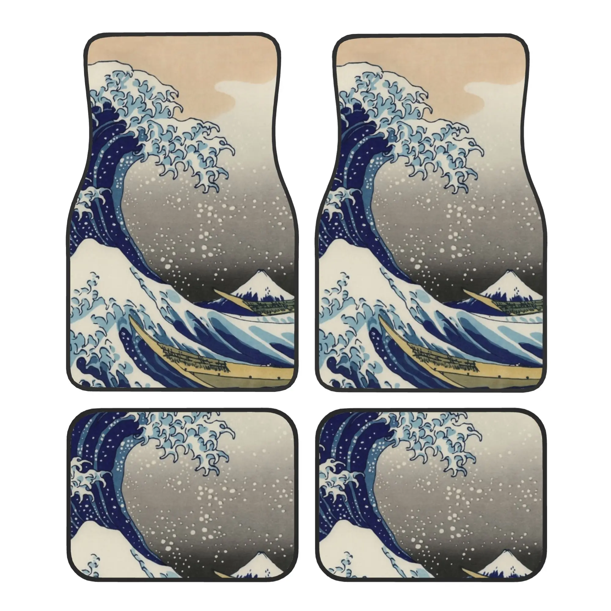 

The Great Wave off Kanagawa Car Floor Mats of 4 Pieces Crystal Velvet Carpets Rugs Universal Car Front Rear Carpets Foot Mats