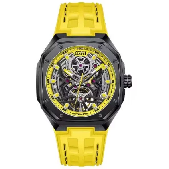 BONEST GATTI Men Automatic Watch 44mm Square Mechanical Wristwatch Sapphire Mirror Luminous Skeleton Dial FKM Strap Sport