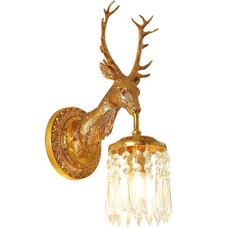 luxury deer head all-copper wall lamp, living room background wall, entrance aisle lamp, villa European bedside decorative lamp