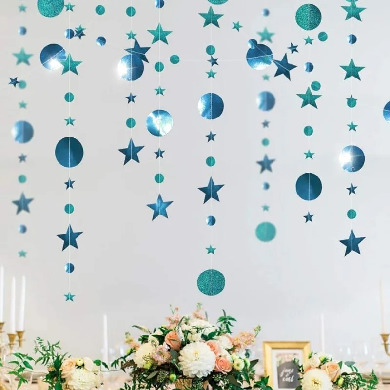 

3Pcs Teal Blue Wedding Party Decorations Star Circle Garland Hanging Dot Banner Streamer Backdrop Graduation Party Wall Supplies