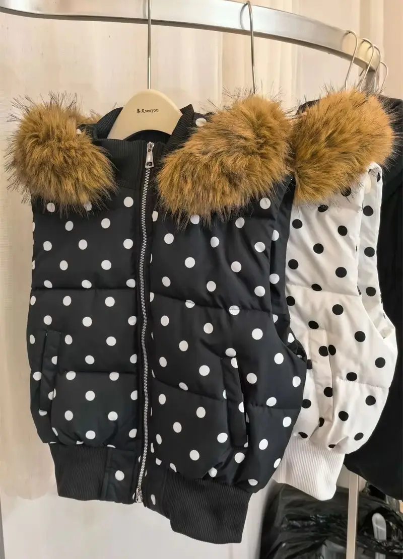 Collar Hooded Women Vests Jackets Y2k Harajuku Polka Dot Waistcoat Coat Casual Zipper Gothic Sleeveless Cotton Parkas