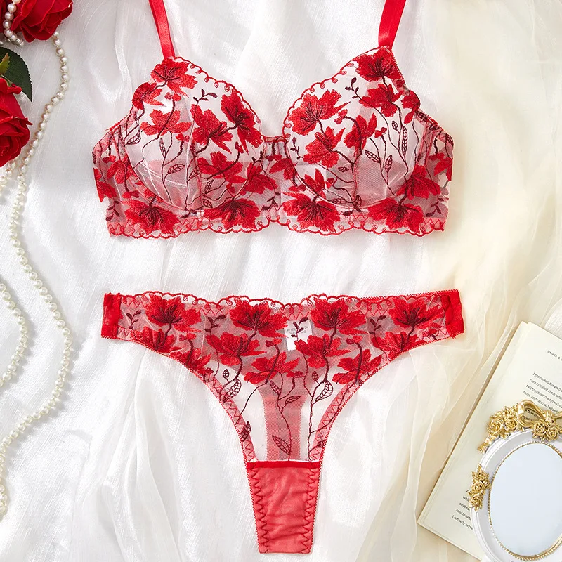 Nuovo reggiseno sexy in pizzo trasparente ultra sottile con ricami rossi, set di lingerie erotica trasparente.