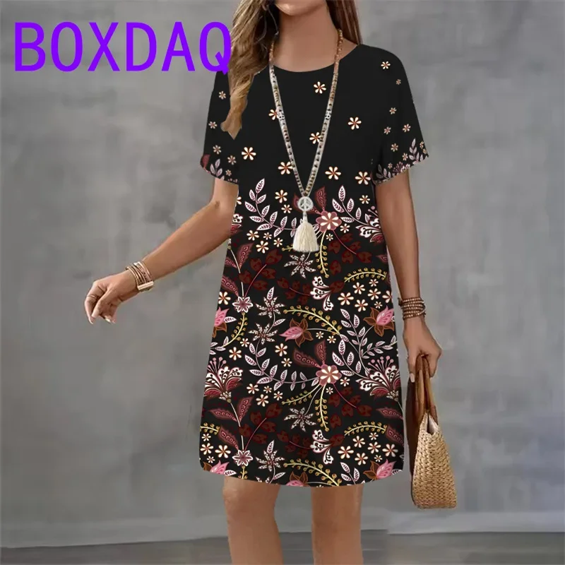

Retro Print Women Dresses Summer Plus Size Casual Fashion Street Dress Short Sleeve O-Neck Loose Flower A-Line Dress Large Size