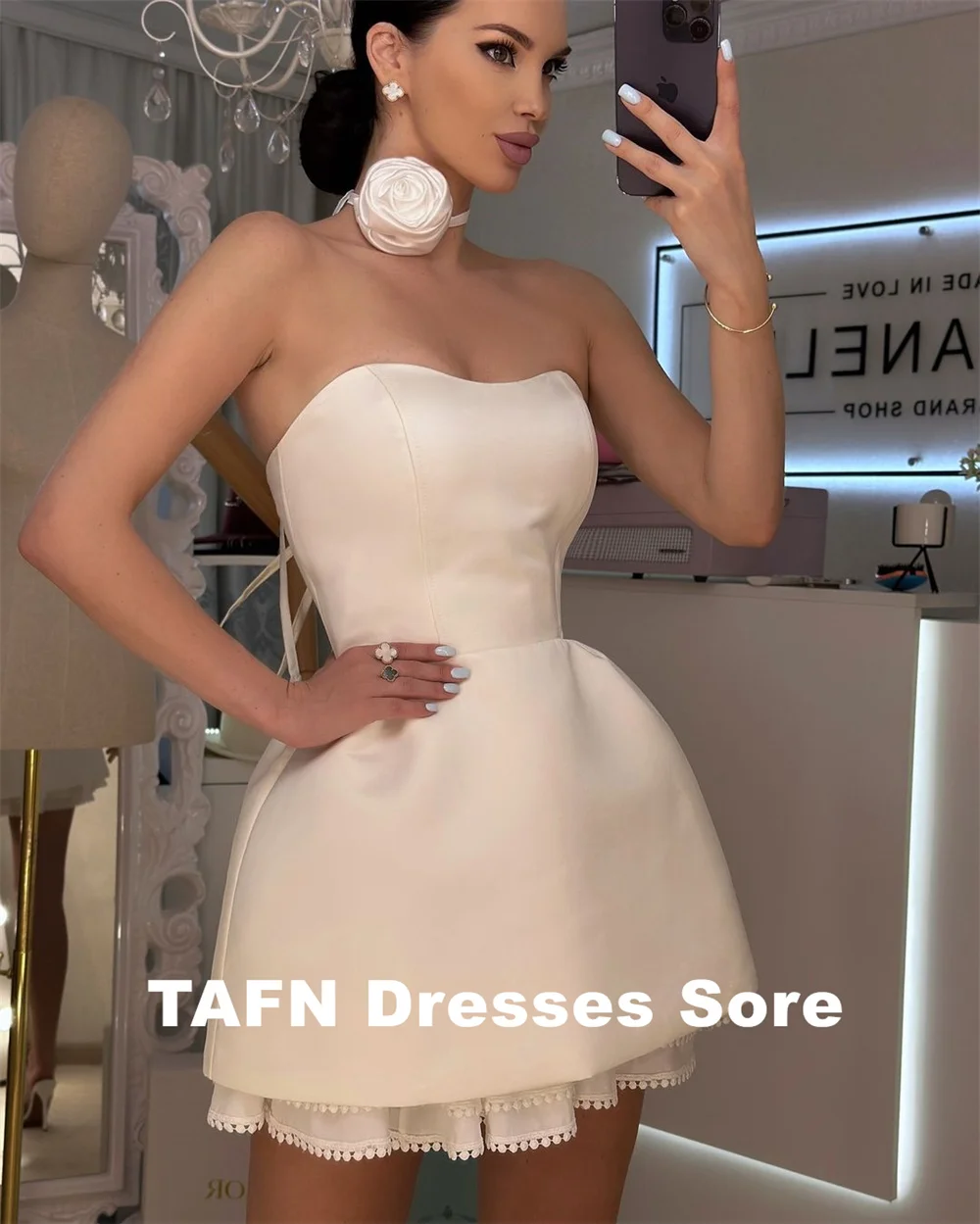 TAJOYShort-Robe de Mariée à Fleurs Faites à la Main, Tenue de Soirée, Manches Amovibles, Ligne A, Sans Bretelles, Mini Patients