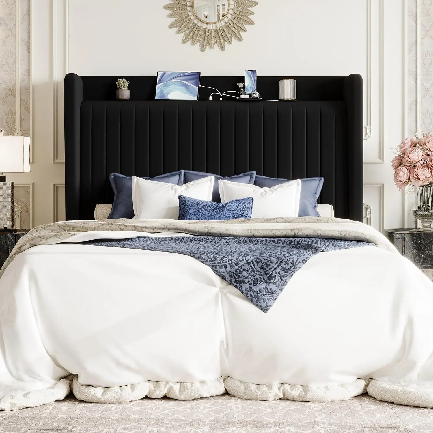 Queen Size Velvet Bed Frame with Shelf, Charging Station, Black, Customized
