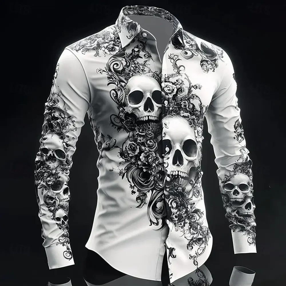 Hip hop skull print shirt men's street wear new long sleeved top city fashion pattern print T-shirt casual loose Gothic top