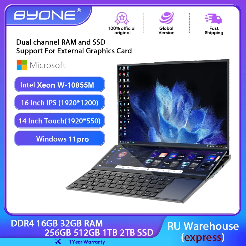 BYONE i7-10750H Laptop da gioco DDR4 16GB 512G 1T Laptop 16 pollici + 14 Touch Screen 1920x1080 Protable Intel Core i7 Touch Laptop