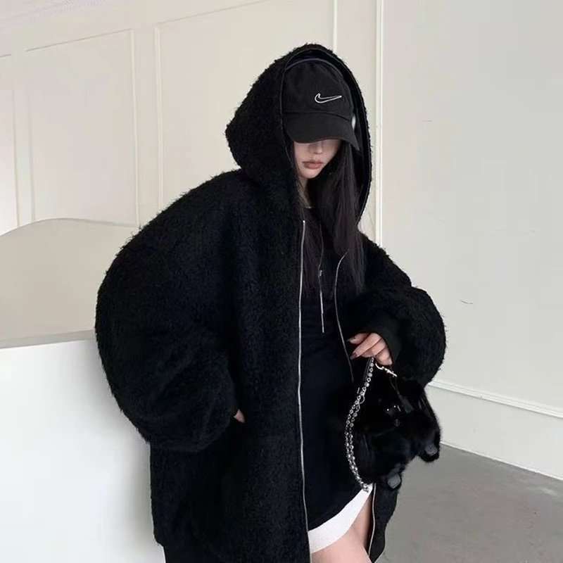 Chic Fleece Pu Reversible Women Jacket Hooded Zip Up Oversized Black Grunge Y2K Streetwear Loose Baggy Winter Coat Top