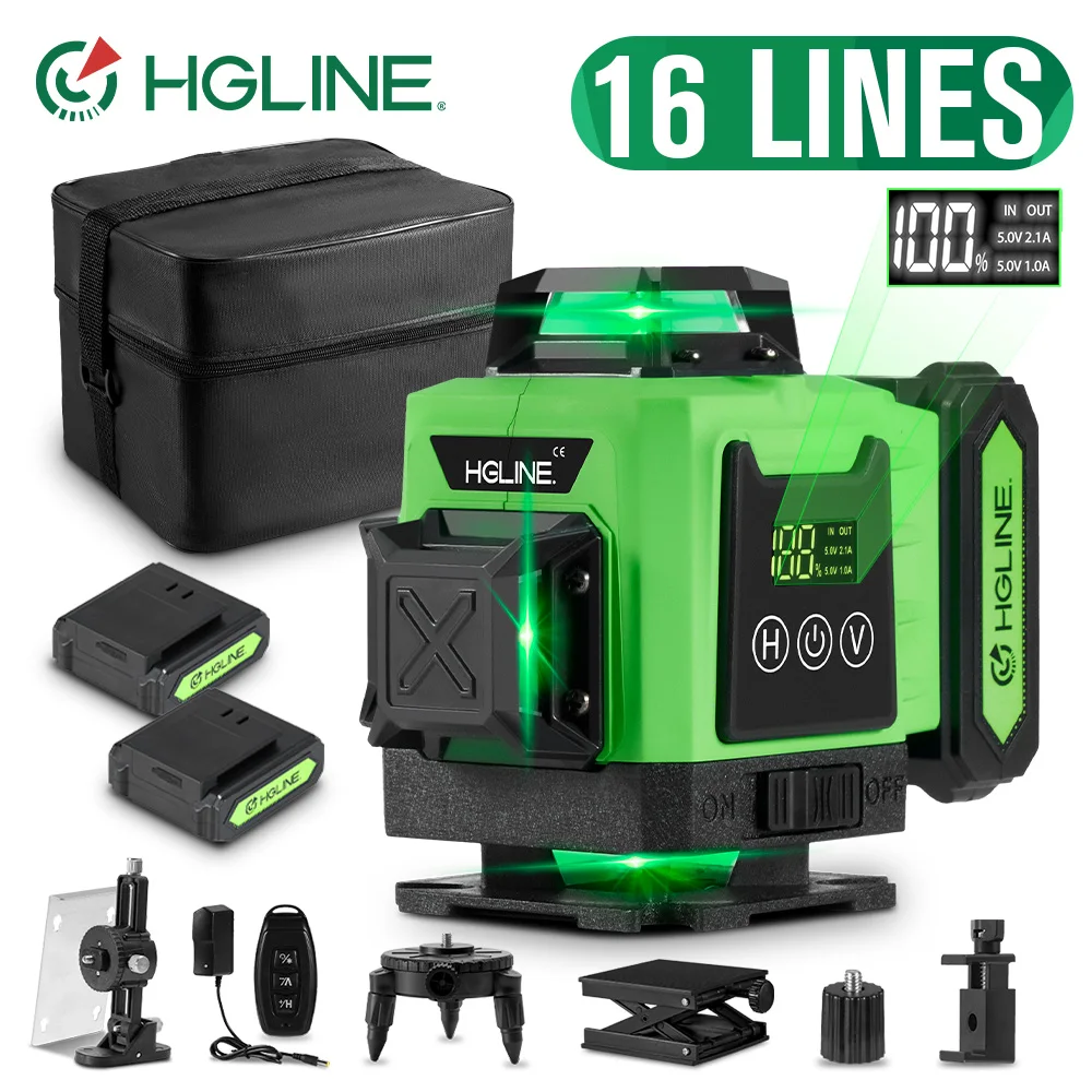 HGLINE 16 Linien 4D Laser-Nivelliergerät Professionell 360° °   Horizontaler und Vertikaler Kreuzlinienlaser mit 6000mAh Li-Ionen-Akku und Leistungsanzeige